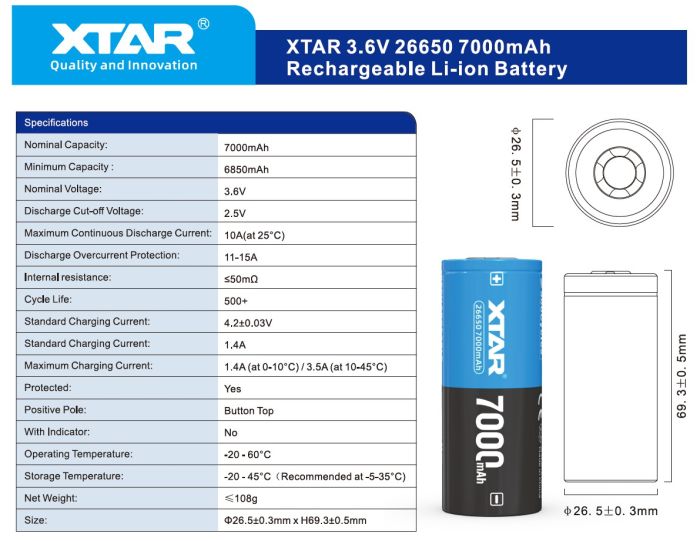Акумулятор XTAR 26650P 7000 mAh 1 шт.